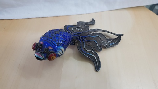 XLarge VINTAGE CHINESE ASIAN ARTICULATED SILVER BLUE CLOISONNE ENAMEL KOI FISH