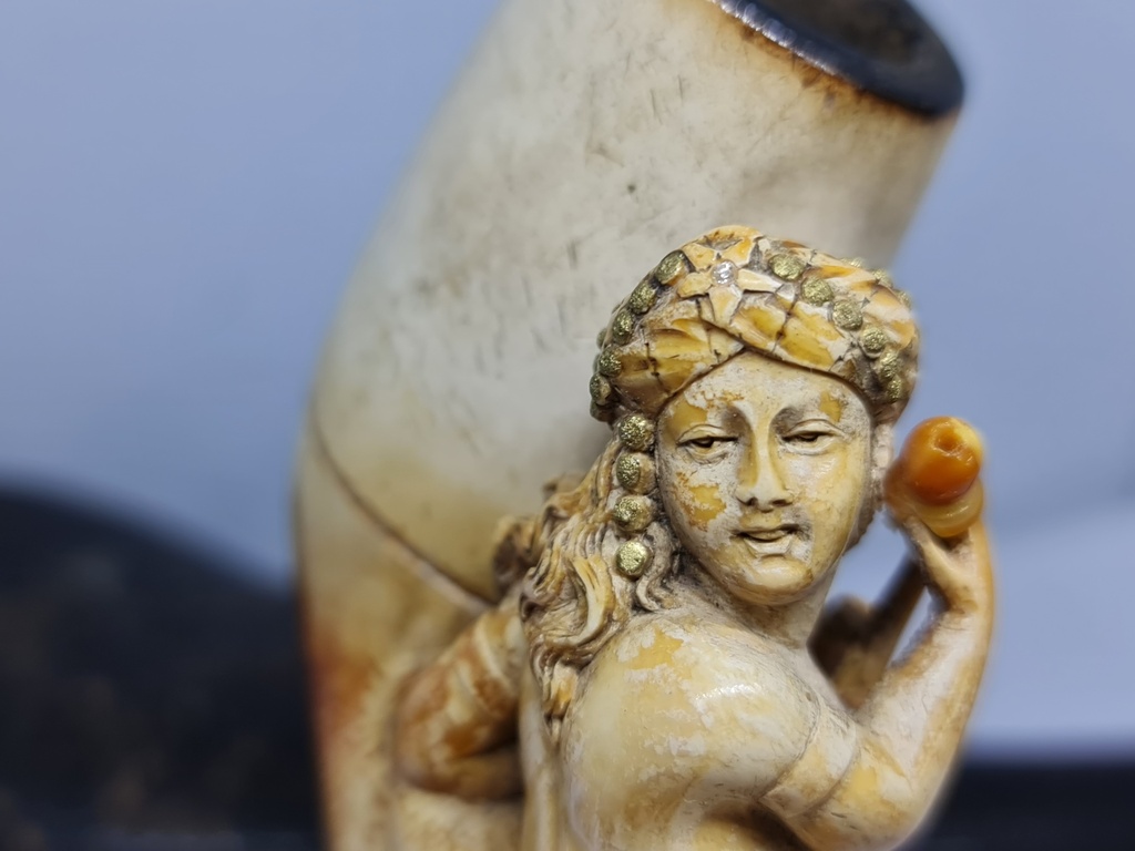 Antique Huge Ottoman Meerschaum & Cherry Amber Faturan & Baltic Amber Pipe "Woman With Hookah" with Diamond Stone