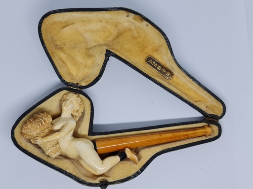 19th C. Large Meerschaum & Amber Cigarette Holder "Nude Holding Stack Of Straw"