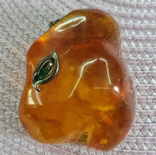 Old Huge Baltic Butterscotch Amber  Pendant 49Gr with Green Gemstone
